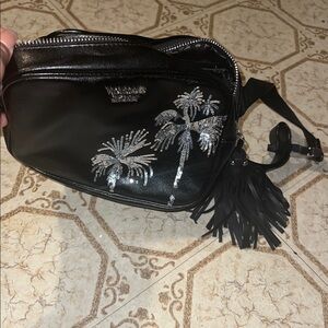 Black Leather Crossbody Bag with Silver Palm Tree Design